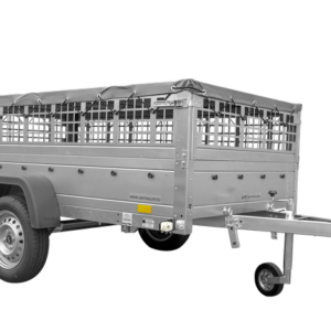 Großer 230x125 Anhänger mit flacher Plane, Gitterseitenwänden, Stützrad und Planenstützstangen – Gartenanhänger 230 Kipper